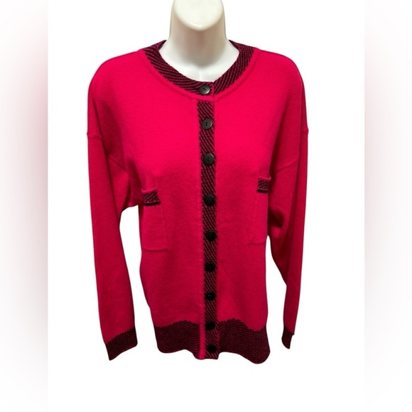 VTG Moods By Krizia Lambswool Angora Dark Pink Cardigan Sweater L Pockets Cozy - Picture 2 of 7